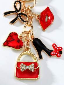 1pc Elegant Alloy Keychain, Designed With Red Lip Print And Bow, Inspired By Valentine's Day, Cute Metal Round Heart Themed Keychain Decorated With Delicate Flowers And Hearts, Single Piece, Ideal As Women's Wedding Holiday Gift Or Handbag Accessory - Multicolor - View 2