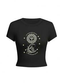 Women's Round Neck Short Sleeve T-Shirt, New Summer Sun & Moon Print Fashionable Fitted Cropped Top, Suitable For Daily Wear Black Vacation Casual - Black - View 3