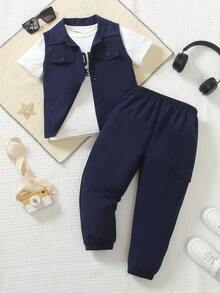 2025 New 3-Piece Set For Toddler Boys: Button Front Vest, Letter Print T-Shirt, And Cargo Pants, Summer - Navy Blue - View 1