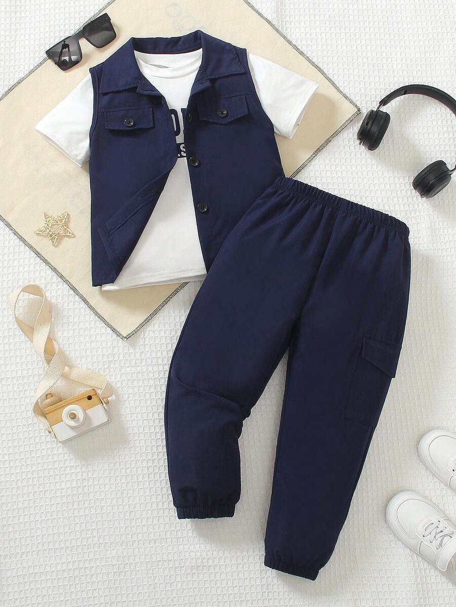 2025 New 3-Piece Set For Toddler Boys: Button Front Vest, Letter Print T-Shirt, And Cargo Pants, Summer - Navy Blue - View 1
