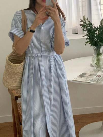 Vestido mediano y largo de mujer Vestido camisero de rayas vintage de verano para mujer, estilo suelto y largo medio, con cinturón para ceñir la cintura y efecto adelgazante