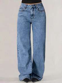 Women's Pocket Loose Wide Leg Casual Versatile Jeans Spring - Medium Wash - View 7