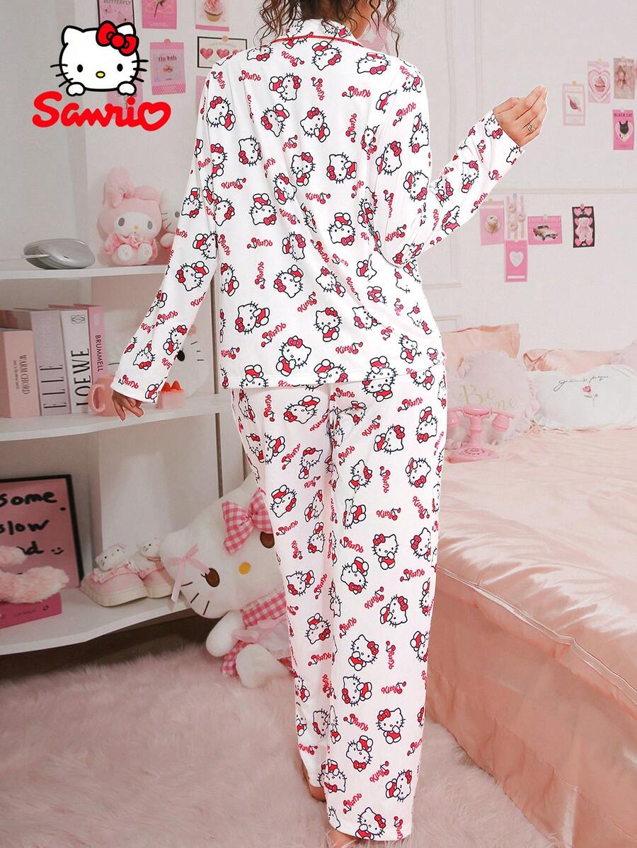 SANRIO 2pcs Pajama Set, Red & White Striped, Cherry Letter Print Long Sleeve Top & Pants, Cute Sleepwear Loungewear Set - Red and White - View 1