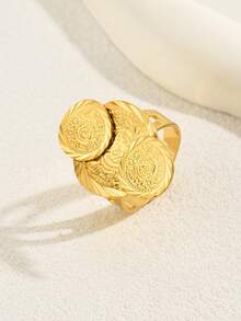 1pc European And American Fashionable Abstract Retro Asymmetrical Pattern Cool Tone Women's Ring Plated With 18k Gold - Yellow Gold - View 7