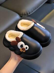 儿童毛绒拖鞋秋冬新款，可爱3D狗狗造型，柔软毛绒室内家居拖鞋，保暖加厚舒适鞋底，防滑软底，男女童保暖冬季室内家居鞋，轻便舒适的婴儿鞋 - 黑色 - 查看 4