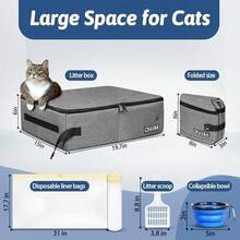 Petskd - Caja de arena de viaje para gatos con tapa, 15.7 x 11.8 x 5, caja de arena móvil portátil para gatos medianos y grandes, caja de arena a prueba de fugas para coche, viajes, hotel, estancias con una cuchara, un tazón y bolsas para caca - Gris grande - Ver 2