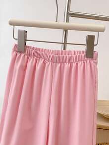 2 pezzi/set Completo estivo casual da ragazza con top a canotta con collo rotondo e fiocco decorativo e pantaloni a gamba ampia con volant, vestibilità morbida - Rosa - Visualizzare 6