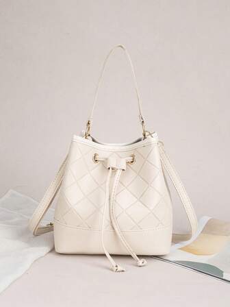 Women's Drawstring Bucket Bag, Rhombus Pattern, Large Capacity, Versatile, New Fashion Handbag, Shoulder Bag