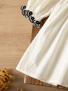 1pc Girls Embroidered Collar Dress, Long Sleeve Elegant Minimalist Dress For Outings And Vacations, Spring/Autumn - Apricot - View 5