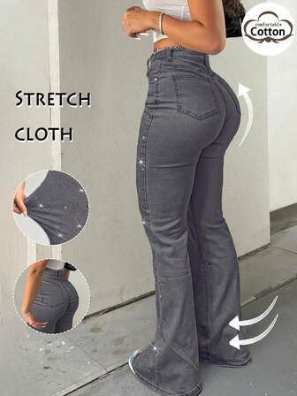 GILIPUR Deep Grey New Rhinestone Decor Flare Leg High Waist Skinny Stretch Jeans For Women - High-Waisted, Slim-Fit, Elastic, Elegant, Fashionable, Casual, Versatile, Suitable For Back-To-School Street Style, Y2K, 2000s Fashion, Autumn/Winter Wear, Retro Outfit, An Ideal Gift For Christmas, New Year, Valentine's Day Holidays. Sophisticated Yet Casual Appearance, Perfect For Formal Parties, Casual Dinners, And Concert Nights.