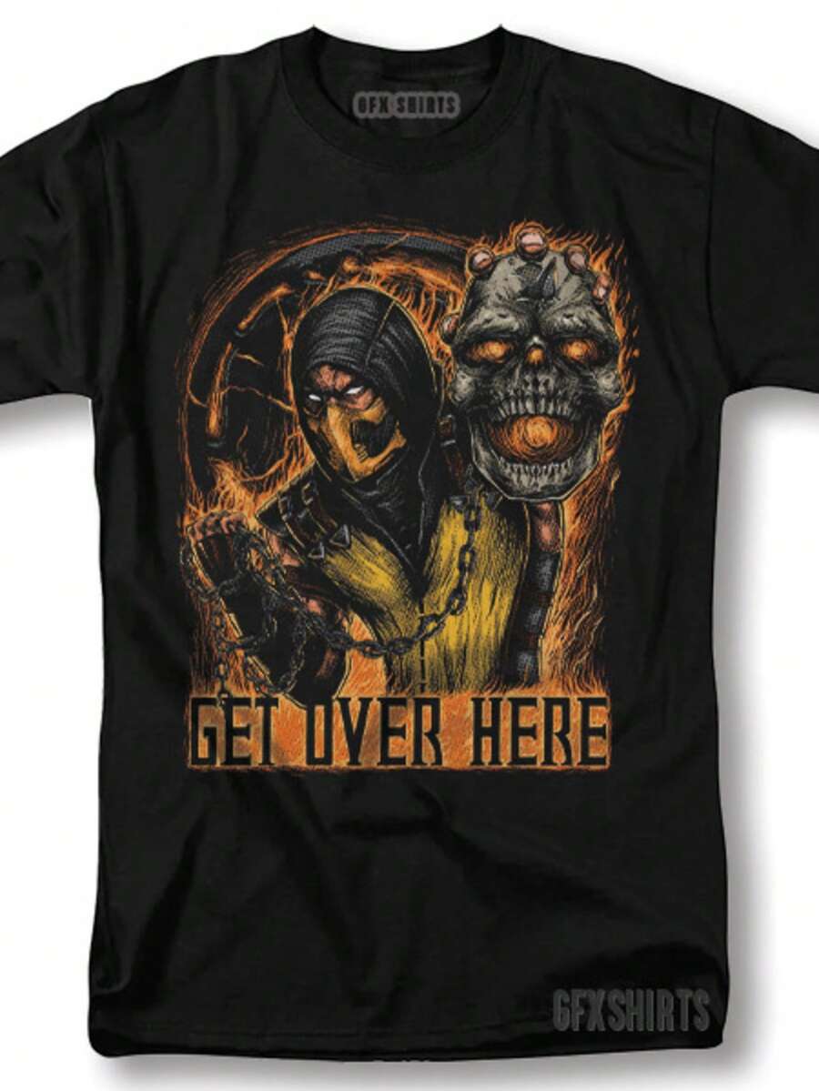 Get Over Here MortalKombat Shirt Scorpion Vintage Graphic Design T-Shirt - Black - View 1