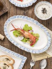 Cabin Kangaroo 1件/2件/4件套复古蓝色蕾丝花纹陶瓷餐具套装，家居奢华碗碟组合，网红高端椭圆形餐盘，早餐碗，汤碗 - 彩色 - 查看 7