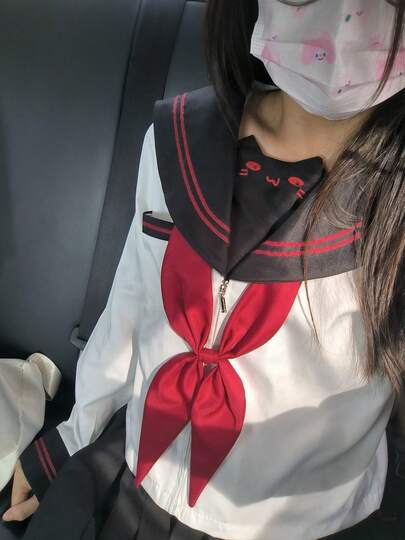 1pc Preppy Soft Girl JK Uniform Basic Long Sleeve Sailor Suit Set, Cute Student Outfit For Women In Autumn/Winter, Japanese Style White Top And Black Pleated Skirt With Red Bow Tie, 3-Piece Set
