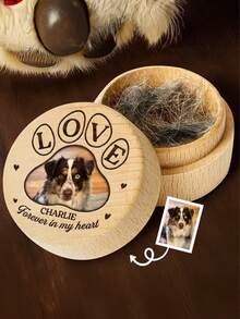 1pc Personalized Customization Pet Photos And Text Wooden Memorial Box With For Pet Hair - A Collection Jar For Dog And Cat Fur, A Gift For Pet Lovers In Mourning,Customized Personalized Pet Photo Wooden Fur Commemorative Box - Multicolor - View 3