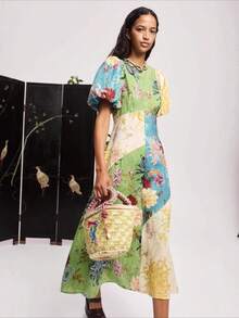 Floral Graffiti Lantern Sleeve Casual Fashion Round-Neck Linen Dress, Women's Short-Sleeved Straight-Leg Long Dress, Girl's Festival Party Outfit - 彩色 - 查看 5