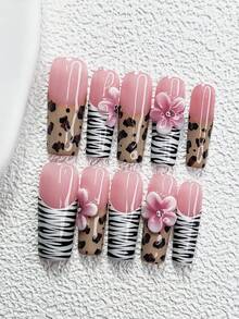 10pcs Romantic Nail Art Set, Hand-Painted French Manicure Stickers, Handmade 5-Petal White & Pink Flower Nail Decorations, Brown Leopard Print, Black & White Striped Nail Art Decals, Includes Nail Tools (1 Jelly Sticker + 1 Nail File), 3 Sizes: Almond, Duck Mouth, Coffin, Suitable For Women To Use On Weddings, Parties, Holidays, Festivals, An Excellent Gift For Ladies. Nails Nail Supplies Handmade Press On Nails - Nhiều màu - Xem 19