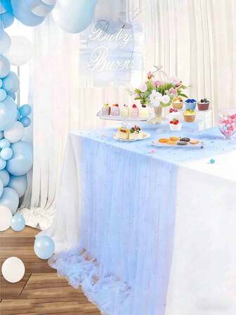 1pc Faux Pearl Decorated Sheer Fabric, Photography Backdrop, Can Be Used As Table Runner, Pearl Background Tablecloth, Wedding White Pearl Sheer Tablecloth, Wedding Arch Decor, Wedding Reception, Bridal Shower, Party Decoration