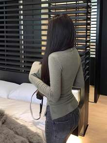 镂空长袖高领修身打底衫，版型显瘦，保暖又显瘦 - 灰色 - 查看 5