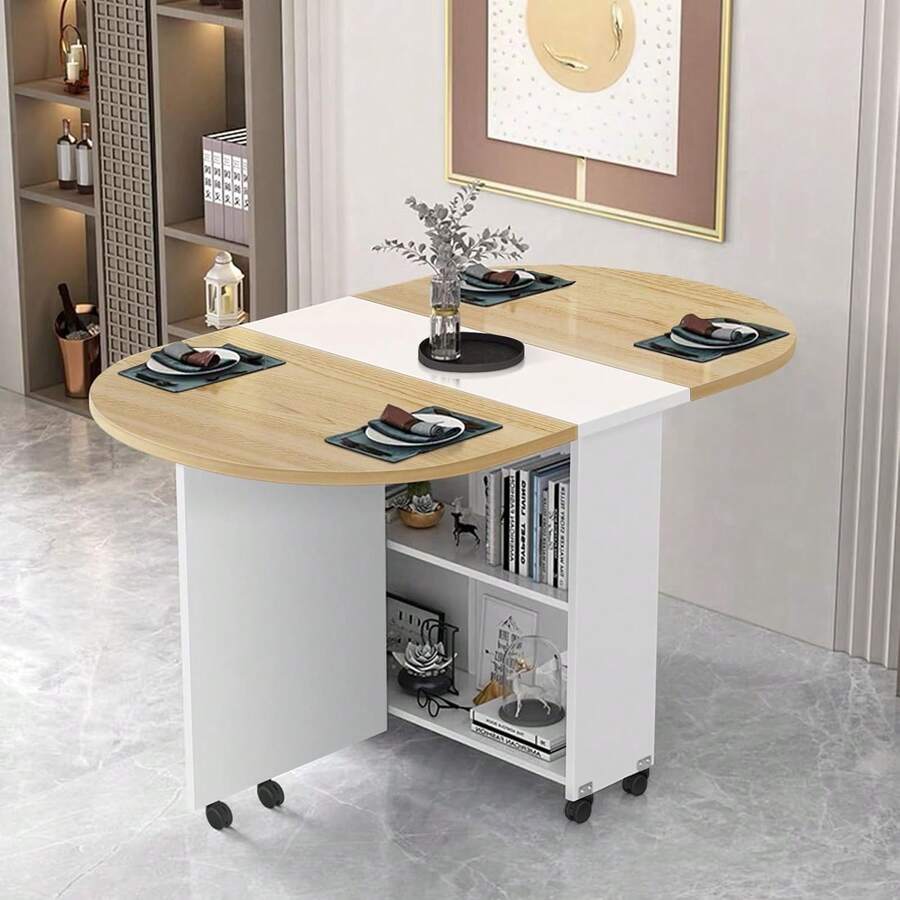 Mesa Comedor 140 * 70 * 75CM, Mesa de Comedor Plegable con Ruedas y Estante de Almacenamiento, Ahorro de Espacio, Mesa de Cocina Extensible, Adecuada para Cocina, Salón, Oficina en Casa (Color Madera) - Color Madera - Ver 1