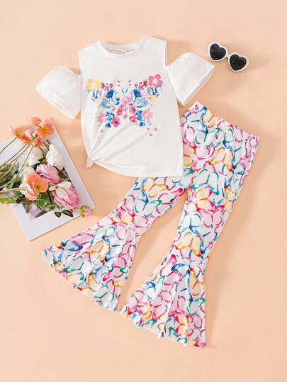 Set de 2 piezas con blusa de manga corta con estampado floral y de mariposa, y pantalón acampanado, adecuado para niñas pequeñas como conjunto casual de primavera/verano
