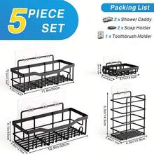 Bộ 5 kệ đựng đồ nhà tắm, kệ góc treo tường không cần khoan, phụ kiện nhà tắm bằng thép không gỉ bao gồm giá đựng dầu gội và xà phòng, dụng cụ lưu trữ đa chức năng cho phòng tắm, nhà bếp và nhà vệ sinh, tiết kiệm không gian, trang trí phòng tắm hiện đại và đồ dùng lưu trữ thiết thực cho đồ dùng vệ sinh cá nhân, vòi sen và bồn rửa mặt sử dụng hàng ngày. - màu đen - Xem 3