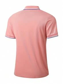 男士夏季纯色短袖休闲通勤1/4拉链Polo衫，适合高尔夫运动，黑色Polo衫 - 粉色 - 查看 4