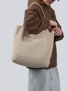 Solid Color Men's One Shoulder Tote Bag, Versatile Shopping Bag, Striped Large Capacity Canvas Bag - Beige - View 3
