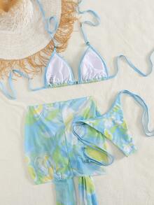 2026 女士夏季沙滩泳装套装 随机印花 细肩带性感比基尼 夏季套装 优雅情人节沙滩度假嘉年华休闲时尚夏季套装 夏季假日套装 春季女士情人节套装 嘉年华三件套 - 彩色 - 查看 3