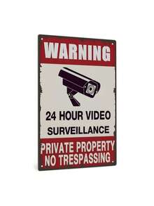 1pc "Warning: 24-Hour Video Surveillance" Metal Sign, Private Property No Trespassing Sign, Durable Aluminum Safety Sign, Suitable For Home, Farm, Yard Fence And Gate - Multicolor - View 2