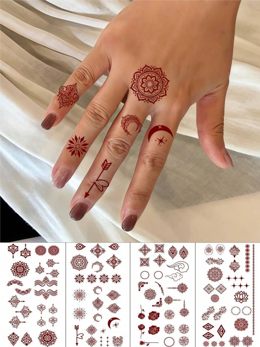 4 Sheets Brown Henna Tattoo Hand Tattoo Ramadan Mandala Flower Lace Tattoo Stickers For Women Makeup Party Festivals Wedding Bride Valentine Day Accessories - Brown - View 1