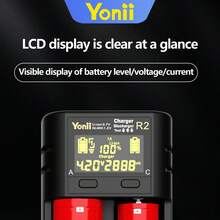Yonii 双槽电池充电器，带液晶显示屏、实时电量指示、容量分析、可调充电电流，兼容1.2V镍氢/镍镉电池（AA/AAA）、3.6V/3.7V锂离子电池（18650/21700/26700），适用于家用电池充电。 - R2(不含電池) - 查看 3