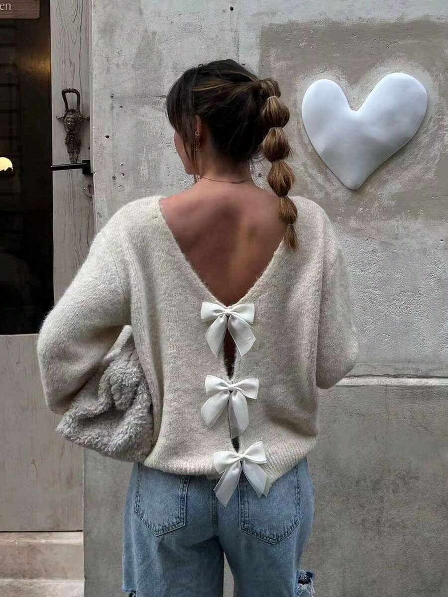 Joy Knit Women's New Autumn/Winter Sweater - Autumn/Winter Valentine's Day Sweater - Hollow-Out Bowknot Design On Back, Reversible Pullover Long Sleeve Winter Sweater - Silver - View 1