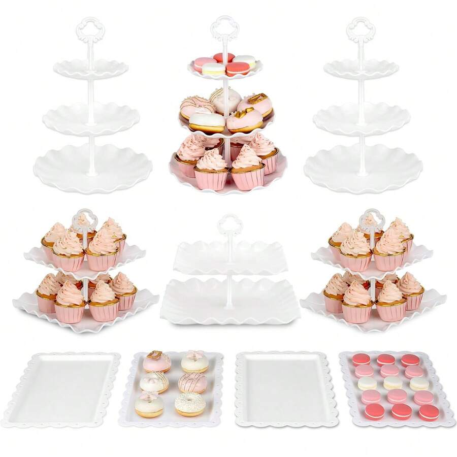 10-Piece Cake Stand Set, Including 3 Double-Tier Cupcake Stands, 3 Triple-Tier Cupcake Stands & 4 Appetizer Trays – Suitable For Birthdays, Weddings & Other Parties - 白色 - 查看 1