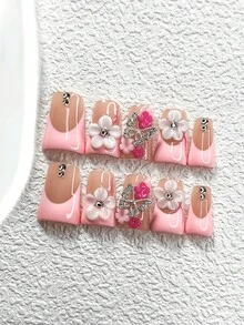 10件套浪漫优雅美甲套装，凝胶美甲贴纸，手绘白色五瓣雕花，银色水钻蝴蝶，粉色玫瑰花卉美甲装饰，手工按压式美甲贴片 - 彩色 - 查看 11