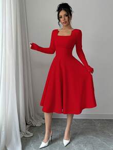 abyoxi 优雅A字中长连衣裙，长袖设计，收腰剪裁，适合婚礼、情人节约会等场合，新款女装 - 鮮紅色 - 查看 2