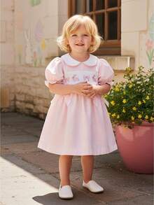 Toddler Little Baby Girl Easter Outfit Bunny Embroidery Dress Short Sleeve Smocked Easter Dresses For Girls - 粉色 - 查看 1