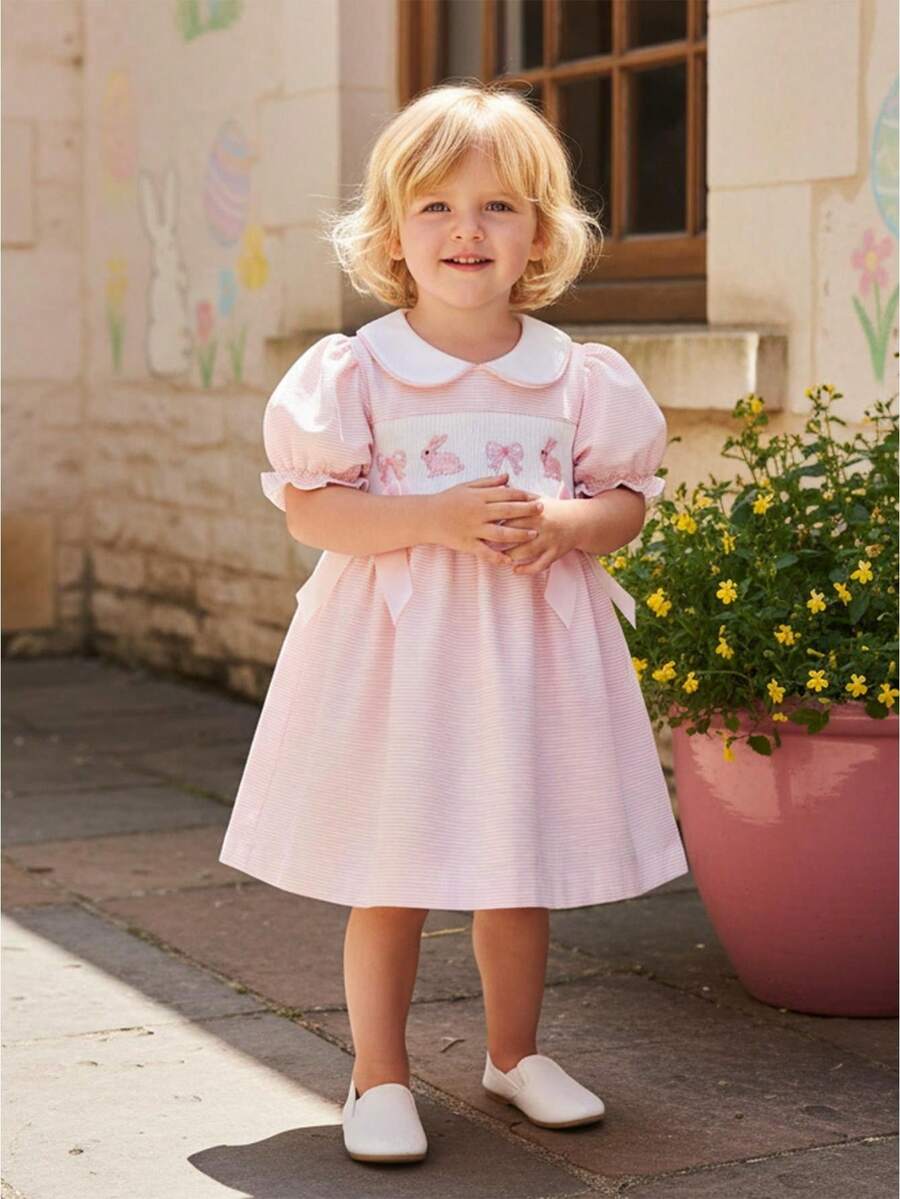 Toddler Little Baby Girl Easter Outfit Bunny Embroidery Dress Short Sleeve Smocked Easter Dresses For Girls - 粉色 - 查看 1
