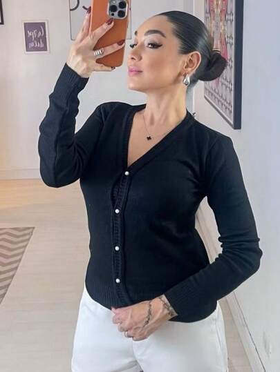 Casaco Tricot Lisa Com Botões Elastano  Casual