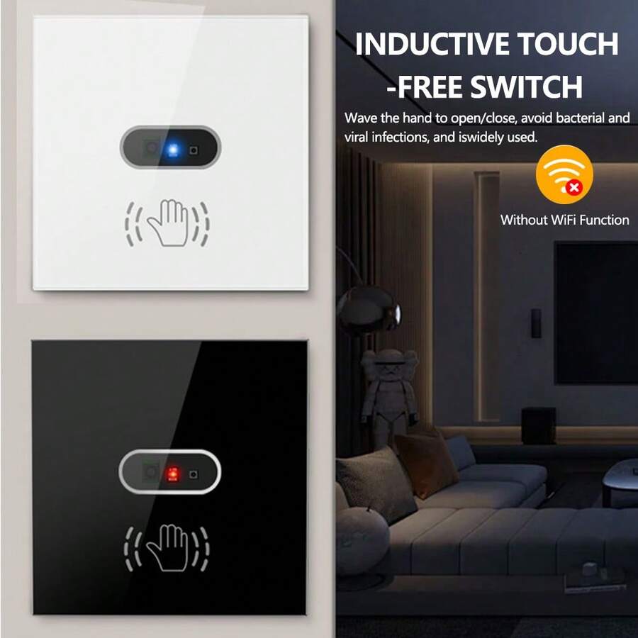 400W 100-240V Touchless Gesture Control Wall Switch - Tempered Glass Panel, Easy To Clean, Suitable For Bathroom, Kitchen, Hospital To Avoid Bacterial Infection, Black/White
