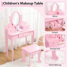 Tocador infantil con espejo y cajones, tocador de princesa y taburete para niñas de 4 a 9 años, juego de simulación de madera para disfraces creativos, regalos de cumpleaños y decoración de habitaciones. - Rosa - Ver 8