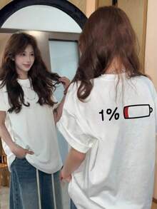 日系女式圆领宽松百搭电池印花短袖T恤，春夏款 - 白色 - 查看 3