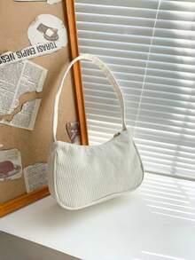 Túi xách vải nhung kẻ, túi đeo vai sang trọng kiểu cổ điển, túi xách dáng baguette dành cho nữ. - trắng - Xem 2