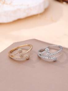 1pc Elegant Cubic Zirconia Women's Adjustable Ring, Silver/Gold Plated, Full Diamond Design, Daily Wear, Gift Choice, Wedding/Engagement Ring, Ramadan Dish, Eid Al-Fitr Gift - Gold - View 4