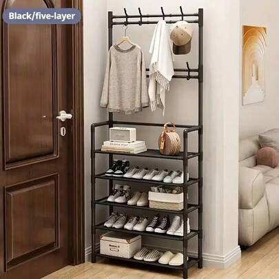 Estantería apilable y organizador de zapatos metálico multiusos con 4/5 niveles para 18 pares de zapatos, con armario para ropa, estantería para zapatos con casilleros para sombreros y abrigos, estantería de entrada para múltiples almacenamientos