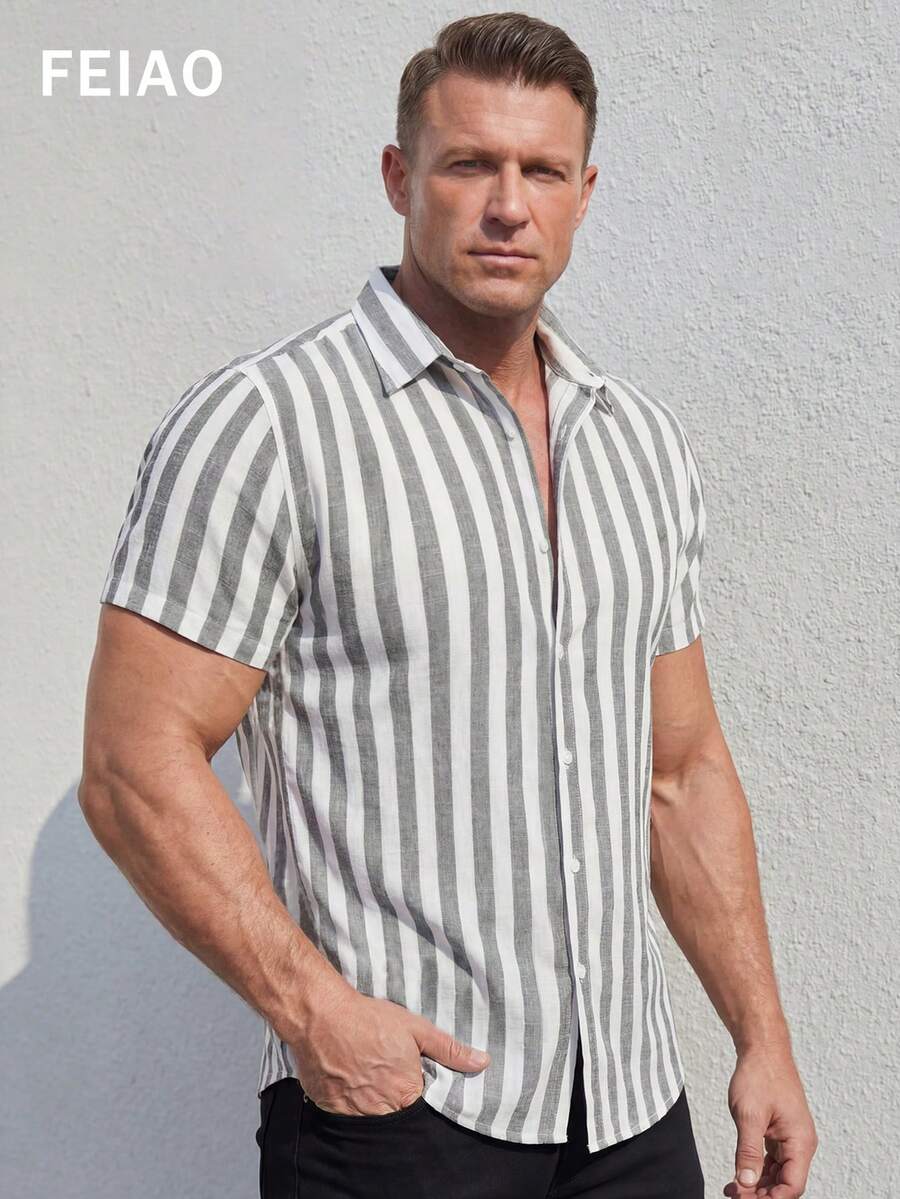 男士复古风条纹沙滩休闲短袖衬衫，简约运动户外休闲舒适度假通勤时尚百搭款