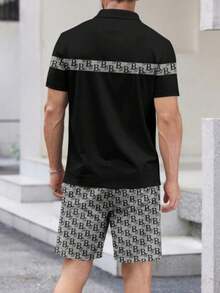 Men's Casual Letter Print Polo Shirt And Shorts Set, Summer - Multicolor - View 4