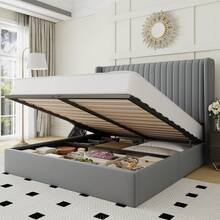 Allewie Full/Queen/King Size Sturdy Lift Up Storage Bed Frame – Built-In Hydraulic Lift Support System, Elegant Upholstered Platform Bed With Spacious Underbed Storage, Vertical Channel Tufted Wingback Headboard, No Box Spring Needed, Easy Assembly, Grey - Xám - Xem 1