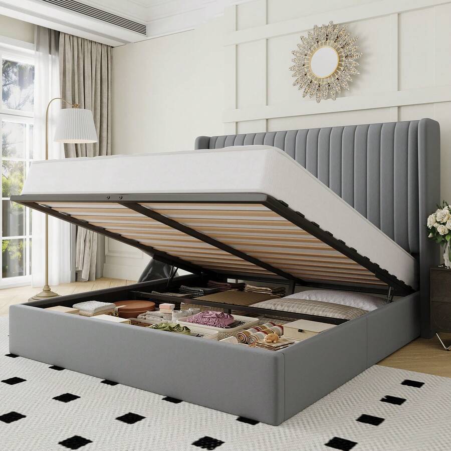 Allewie Full/Queen/King Size Sturdy Lift Up Storage Bed Frame – Built-In Hydraulic Lift Support System, Elegant Upholstered Platform Bed With Spacious Underbed Storage, Vertical Channel Tufted Wingback Headboard, No Box Spring Needed, Easy Assembly, Grey - Xám - Xem 1