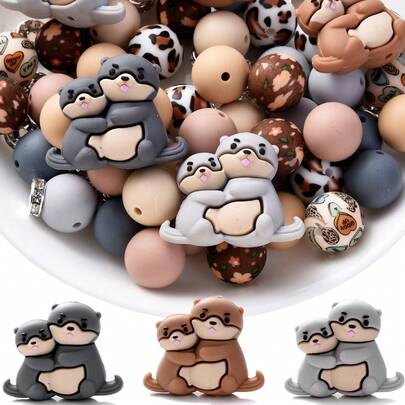 28pcs/Set Cartoon Otter Beads With 15mm Printed Round Beads & 8mm Glass Rhinestone Beads, Silicone Animal Beads Set, Best Gift For Family Gathering, DIY Craft Kit, Bracelet, Necklace