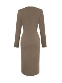 女士高端优雅中长连衣裙，端庄精致，适合春秋季节，修身显高秋季连衣裙 - 咖啡棕 - 查看 3